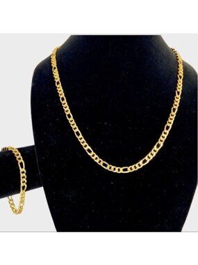 14K Gold Plated Figaro 8mm Link Chain Necklace Bracelet Set